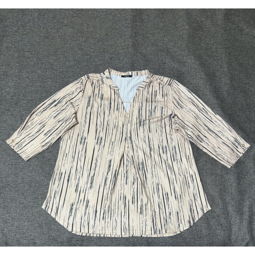 Valolia‎ Women's XXL Blouse Tan Black Abstract Striped 3/4 Sleeve V-Neck